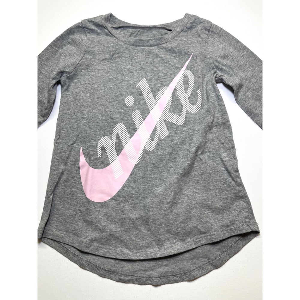 Nike Toddler Girls Gray Long Sleeve Pink Swoosh Logo Graphic T-Shirt Size 4T 290